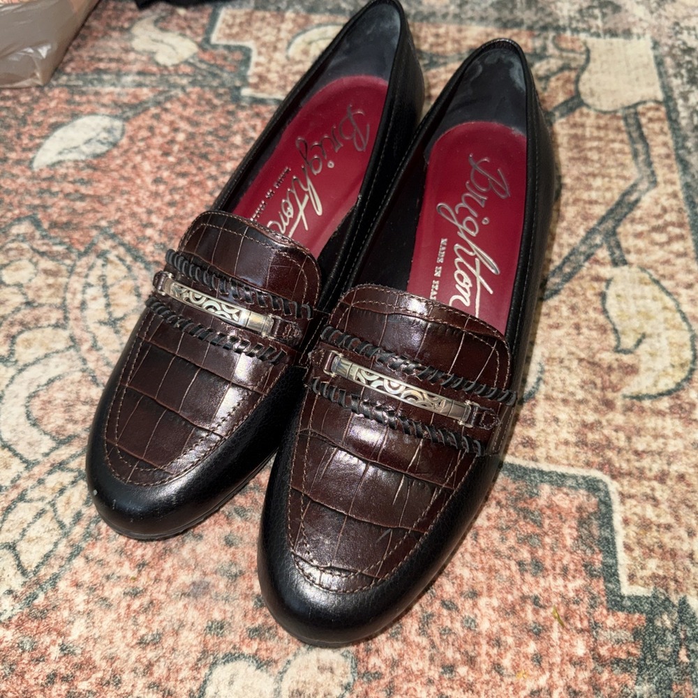 Brighton Artist‎ Black Leather Loafers W/Croc Embossing Metal Embellishment 8.5